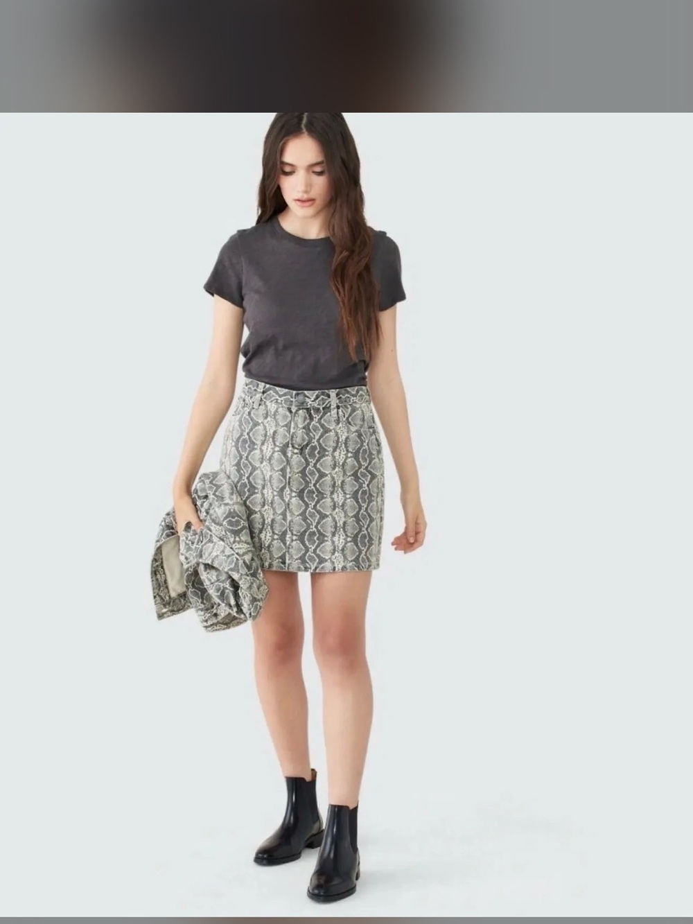 Blank NYC Denim Snake-Print Mini Skirt in Gray and Cream
